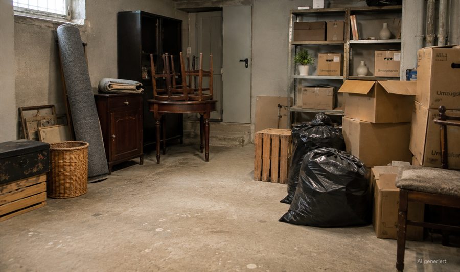 A cellar packed with boxes, furniture and sacks before the clear-out