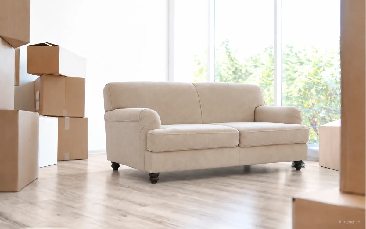A bright, empty room with a sofa and stacked moving boxes