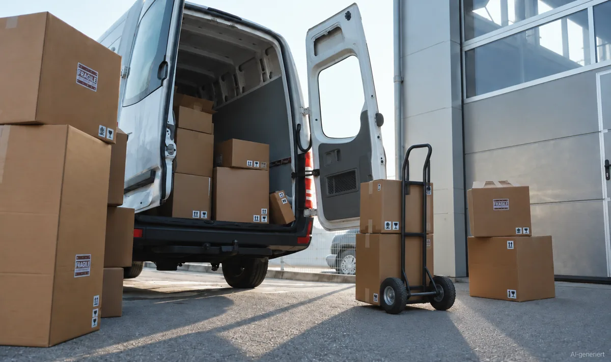 A van with its rear doors open, stacked moving boxes all around and a sack truck