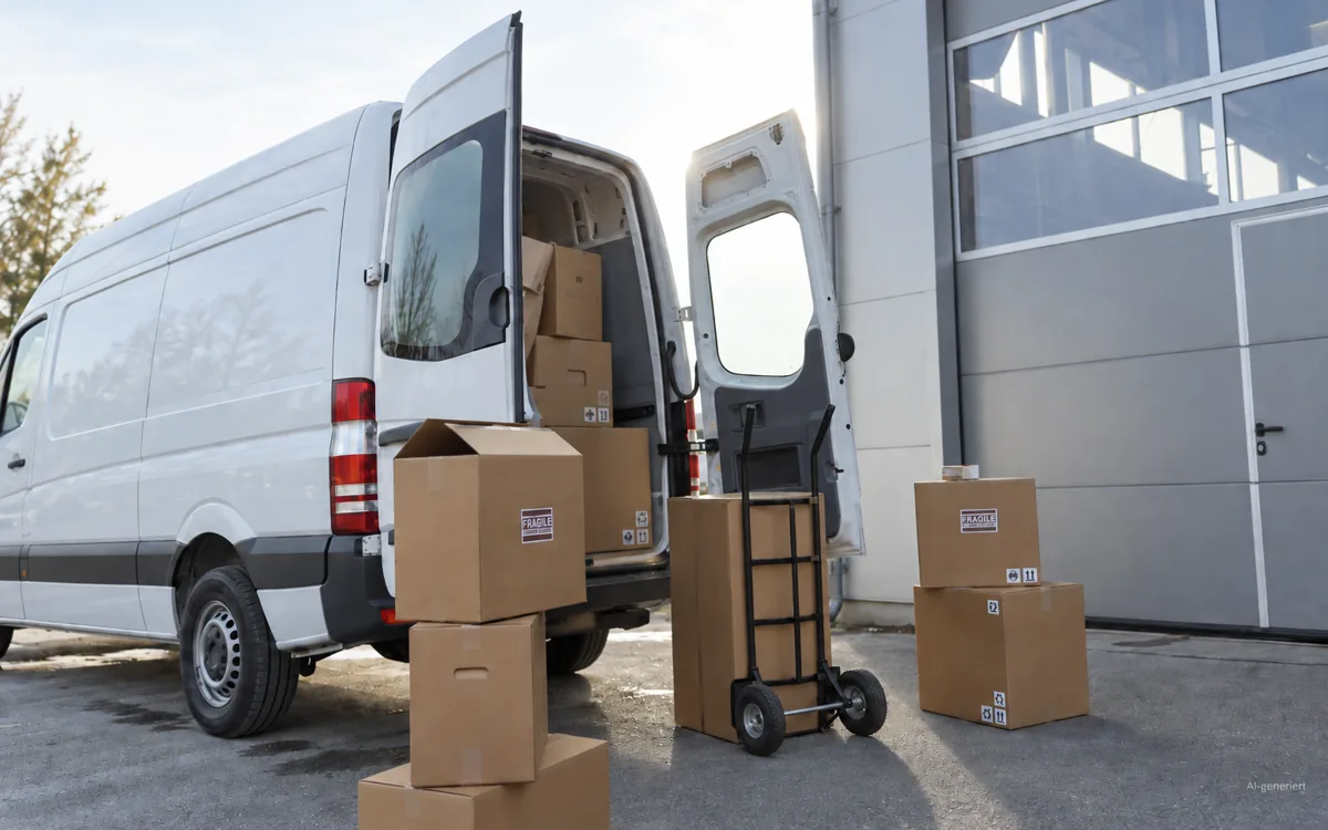 A white van with its rear doors open outside a warehouse, with stacked moving boxes and a sack truck